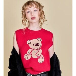 English Factory Teddy Bear Knit Vest Red Small Embellished Kawaii Coquette